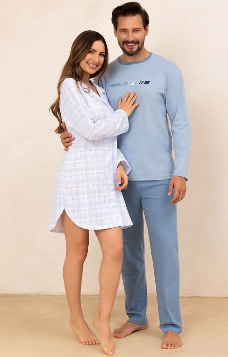 Cămașă de damă 168 Regina, albastră - 100% bumbac, mânecă lungă, model în carouri