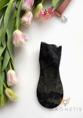 Șosete damă din dantelă Magnetis GC-251134 cu model floral și talpă din bumbac black