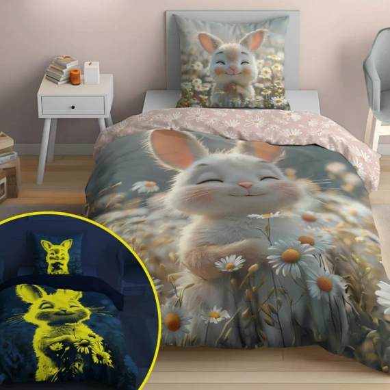 5548 A Fluo 95 Lenjerie de pat Glow in the dark, iepuraș în flori, 100% bumbac | Pentru copii Detexpol