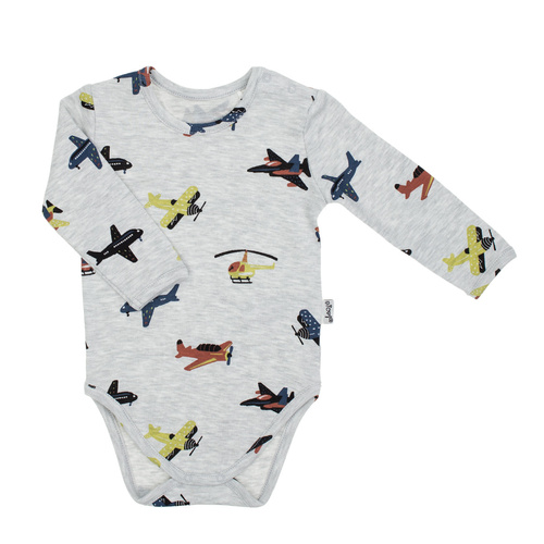 219095 Body bebelus din bumbac gri Willy Nicol cu modele de avioane - maneci lungi