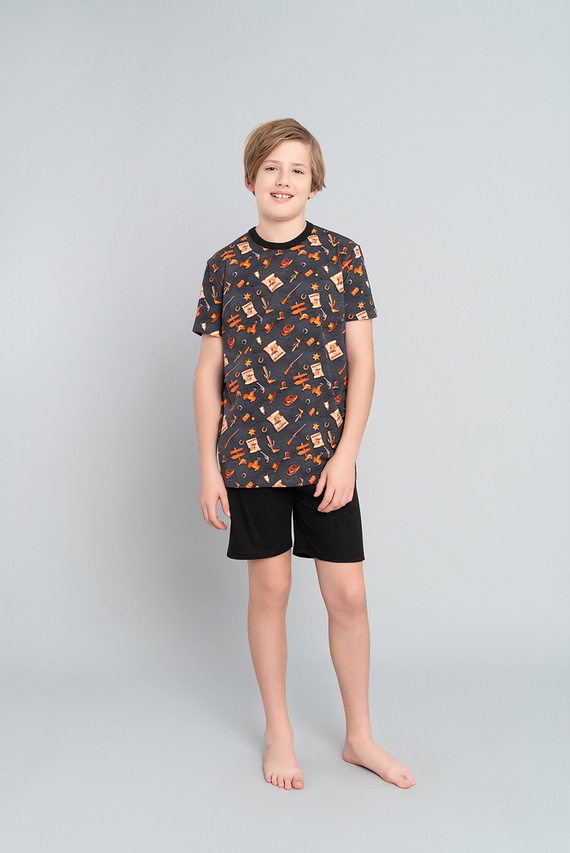 Western Boys' pijama cu mânecă scurtă, pantaloni Italian Fashion- grafit / negru