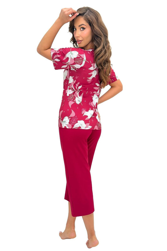 Pijamale damă Donna Brigitte bordo, vâscoză, mânecă scurtă, pantaloni 3/4