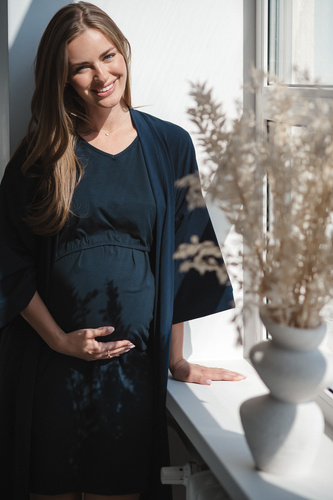 Halat de baie maternitate bleumarin Milk&amp;Love – bumbac cu elastan, confortabil, mâneci 7/8