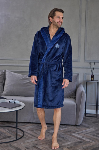 L&L 2663 Active Halat de baie bărbați lung cu glugă moale Navy