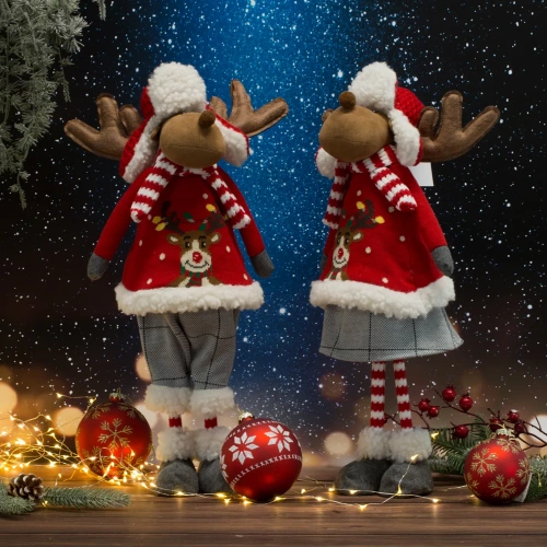 92B Figurină de ren de Crăciun într-o ținută de iarnă din țesături moi, perdele roșii euro
