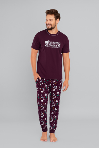 Manfred Pijama cu mânecă scurtă pentru bărbați, pantaloni lungi Italian Fashion- burgundy/print burgundy