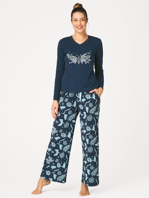 Pijamale damă Key LNS 534 bleumarin, bumbac, lungă, cu buzunare