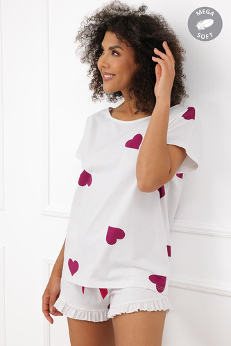 Italian Fashion Soul pijama damă scurtă Mega Soft ecru cu inimi bordo