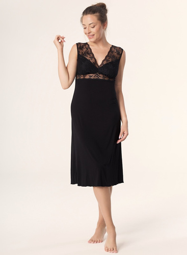 Cămașă de noapte neagră Petra KM29 Mefemi by Nipplex – viscoză, dantelă, lungime până la gambă