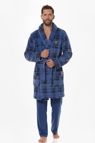 Halat de baie 2456 BJ pentru bărbați, mărime L&amp;L, bleumarin - moale, în carouri, cu guler