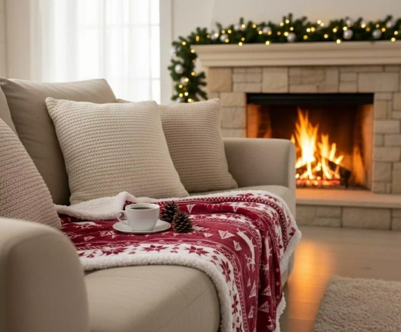 Pătură de Crăciun SACO Burgundy – Moale și călduroasă cu reni și brazi de Crăciun într-o pungă decorativă