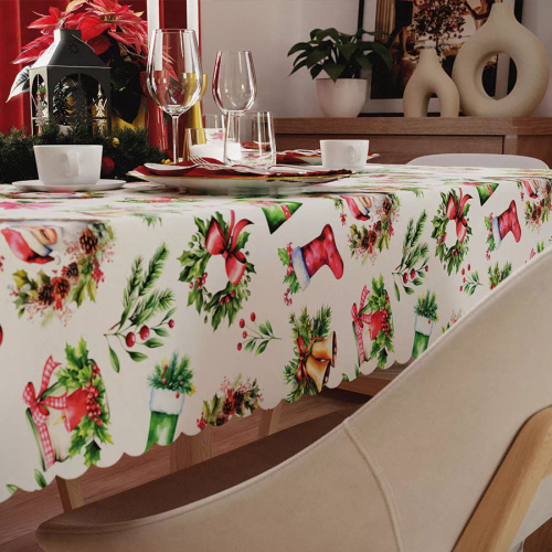 Față de masă roșie de Crăciun C03 Marquiseta – impermeabilă, elegantă, producție poloneză