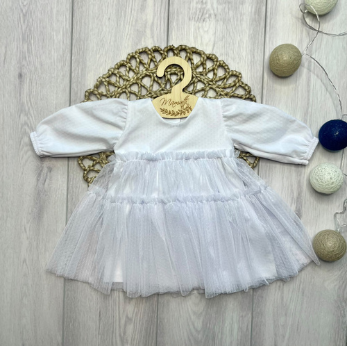 Rochie fete Mamatti SZ350 din bumbac cu tulle mânecă lungă - albă