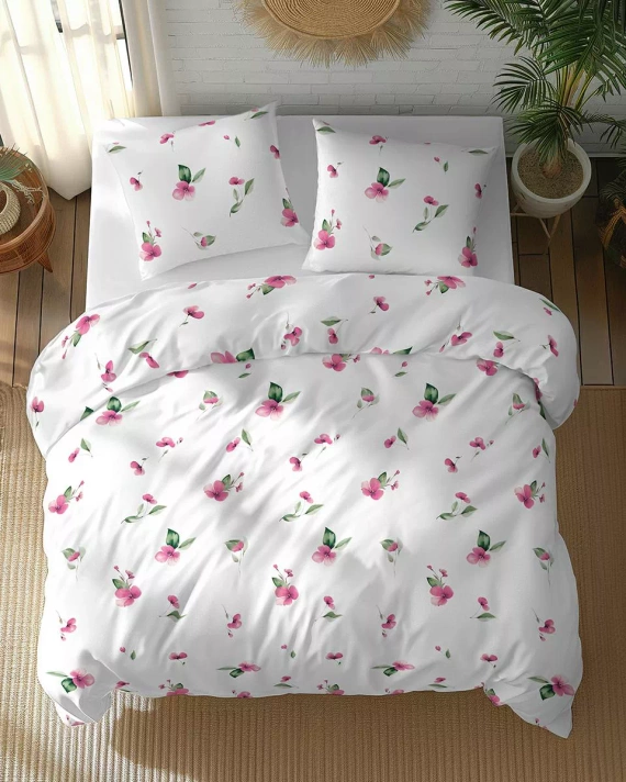 Set de lenjerie de pat 5769 A Cotton Bloom Detexpol din bumbac, alb cu flori roz și frunze verzi – 100% bumbac, față-verso, producție poloneză