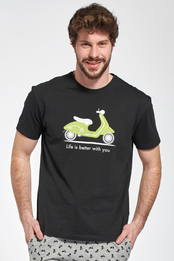 Kenny Pijama scurtă Sorbetto pentru bărbați - bumbac cu imprimeu scuter, negru