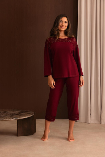 Pijamale damă Regina 4014 100% bumbac dantelă mânecă lungă 3/4 - bordo