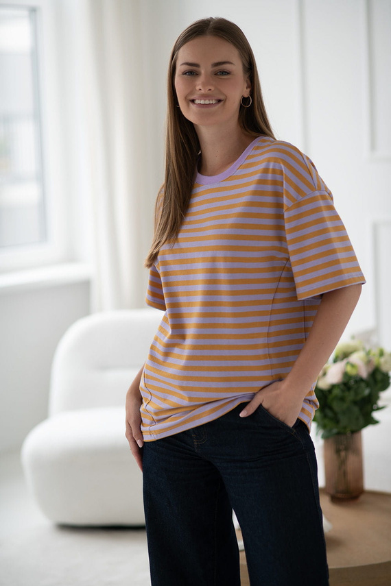 Tricou Mamahood Milk&Love pentru sarcina și alăptare, dungi miere și liliac – confortabil și elegant