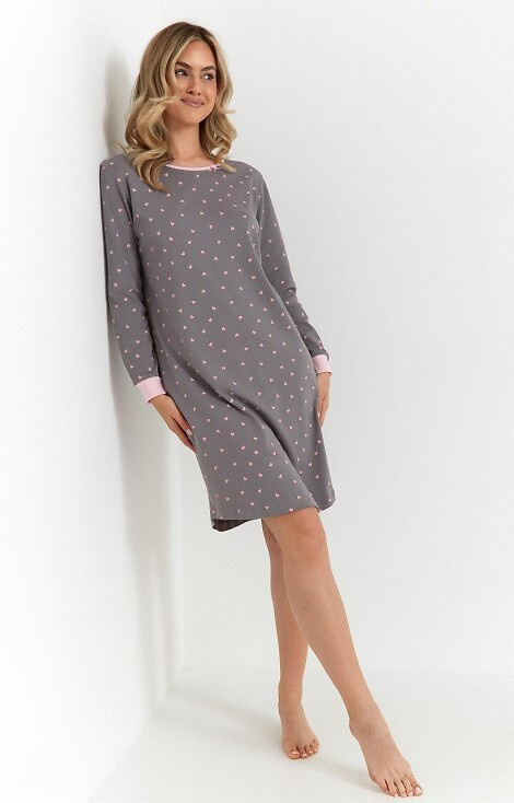 Cămașă de noapte pentru femei 493 Cana, grafit - bumbac interlock, inimioare, mâneci lungi