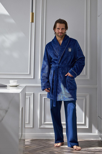 L&L Elegant 2664 Halat de baie bărbați scurt, moale, cu model wafel și guler, navy