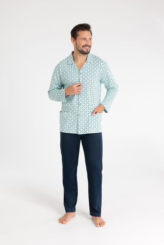 Pijamale bărbați din bumbac Regina 486 verde - mâneci lungi, prinse cu nasturi, croială clasică