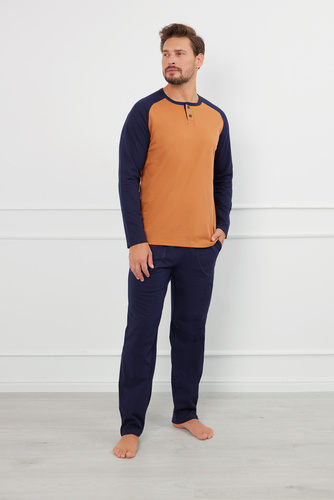 Alexander Pijamale bărbați cu mânecă lungă, pantaloni lungi Italian Fashion - cognac/grenade