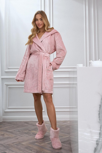 L&L 2601 Honey Halat de damă scurt cu glugă, moale, cu cordon, roz pudrat