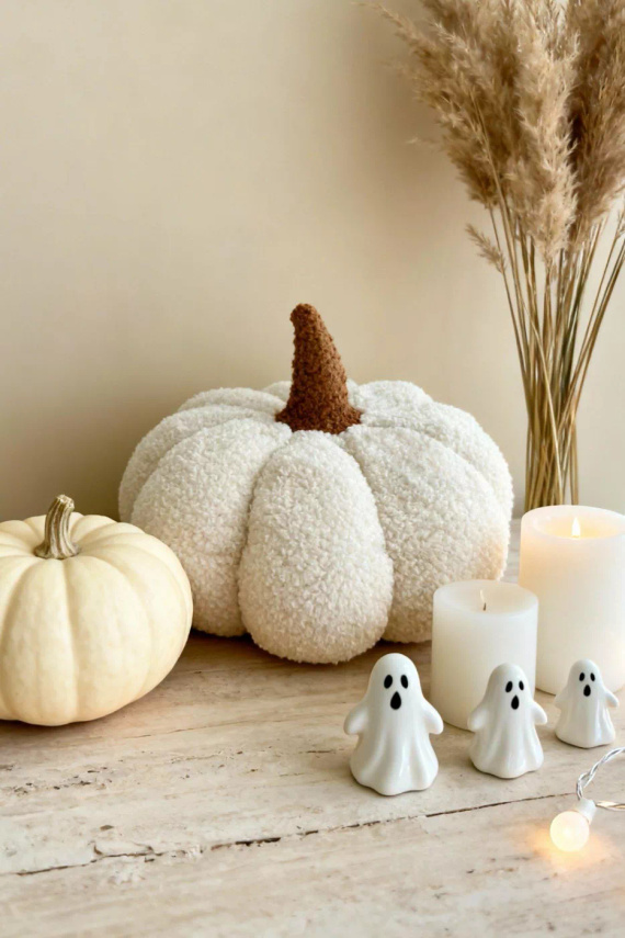 Pernă decorativă cu dovleac bouclé de la Needle and Thread – alb, decorațiune de toamnă și Halloween