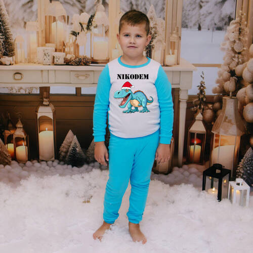 SKU P16 Pijamale de Crăciun pentru copii cu un dinozaur și numele Moocha, albastru