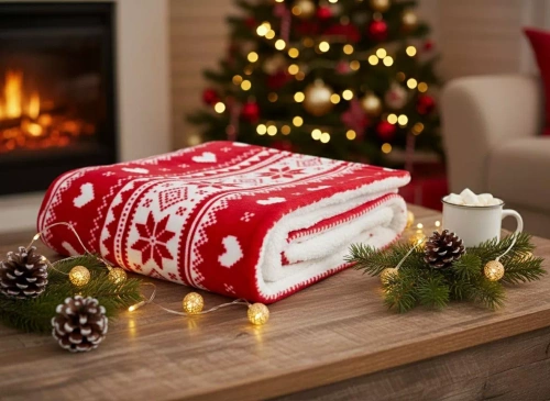 Pătură de Crăciun SACO roșie – moale și călduroasă cu model norvegian de zăpadă de zăpadă, într-o pungă decorativă