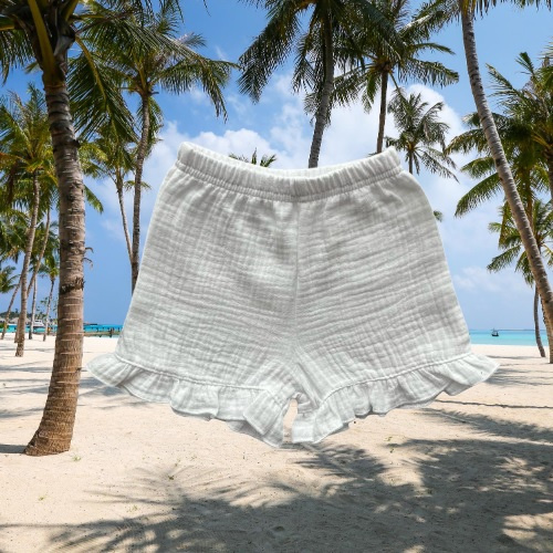 Mamatti SZ50302 pantaloni scurți copii albi din mușelin, eleganți și respirabili