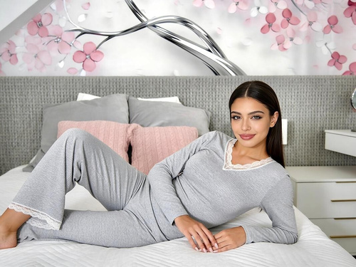 Donna Megi Long pijama damă gri, mânecă lungă și pantaloni, dantelă