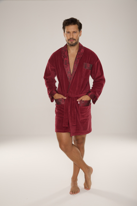 866 Noble Halat de baie de catifea De Lafense pentru bărbați - scurt, elegant, bumbac - burgundy