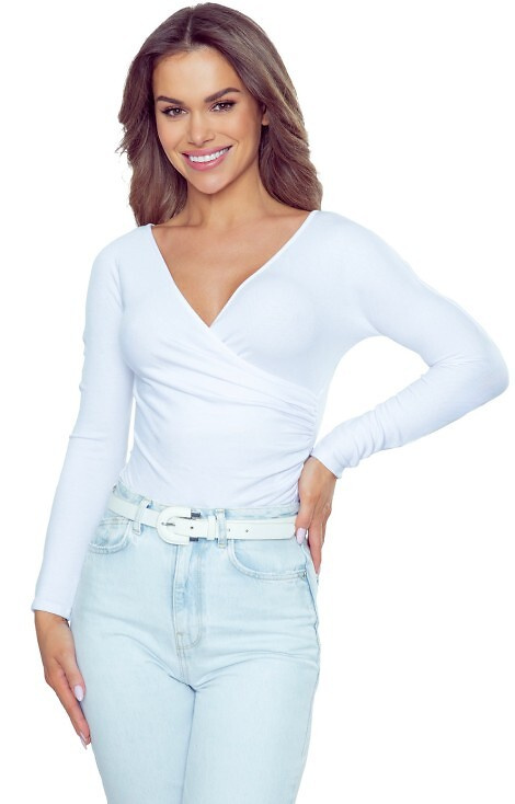 Body Cortina Eldar Alb – Body elegant pentru femei cu decolteu înfășurat și pliuri