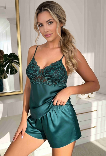 Donna Mela 1/2 pijama damă din satin verde cu dantelă, pantaloni scurți cu imprimeu floral