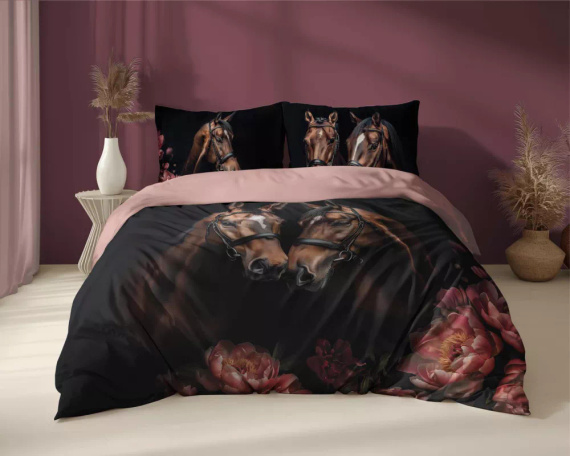 5295 A Holland Lenjerie de pat bumbac cai flori Detexpol negru