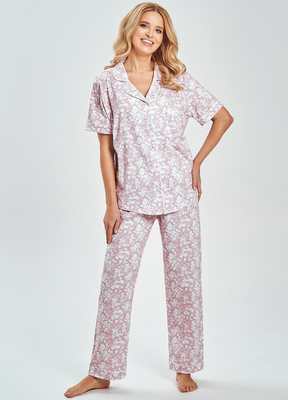Pijama damă 3544 Lora Taro | 100% bumbac cu flori | Stil cămașă cu guler, nasturi și pantaloni lungi lejeri