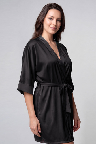 Halat de satin Beja Unikat negru elegant, cu cordon pentru legat