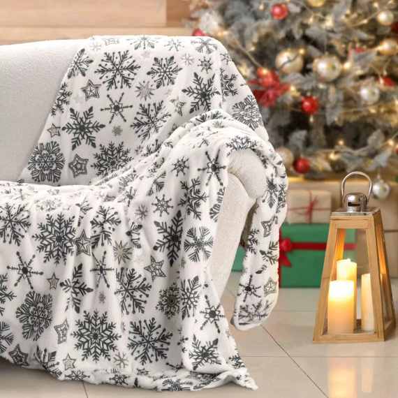 Pătură de Crăciun Eurofirany Alb Bleumarin Fulgi de Nea – Pătură moale din microfibră, 240 g/m²