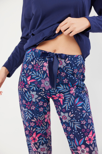 Folk Pijama de damă cu mânecă lungă, pantaloni lungi Italian Fashion - albastru navy/print