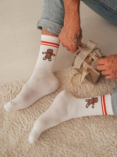 1290-027 Biscuit mare cu dungi Milena Sosete Barbati de Craciun - alb