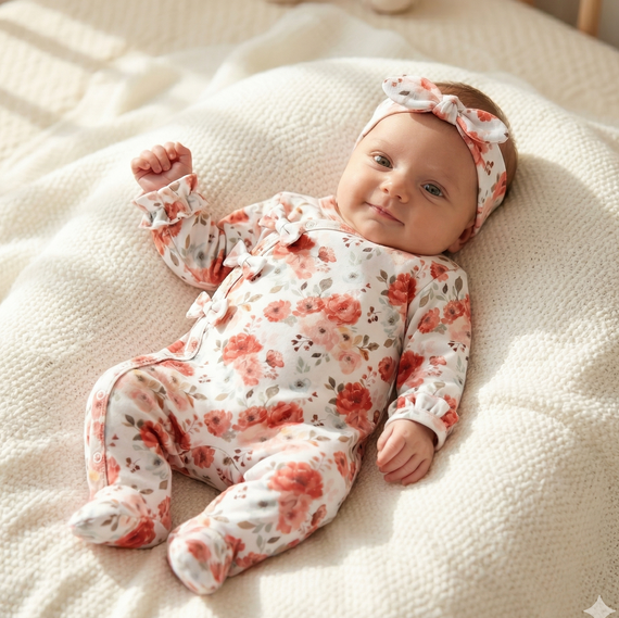 ABK-0054 Set pentru bebeluși NINI Roses din bumbac organic, salopetă cu bentita