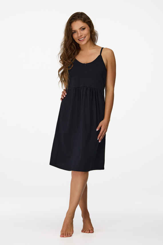 Cămașă de noapte pentru gravide Senizo nr. 27, neagră – 100% bumbac, fermoar pentru alăptare, bretele