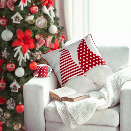 Cap. 152 Față de pernă de Crăciun Eurofirany – albă cu pitici roșii, decorativă