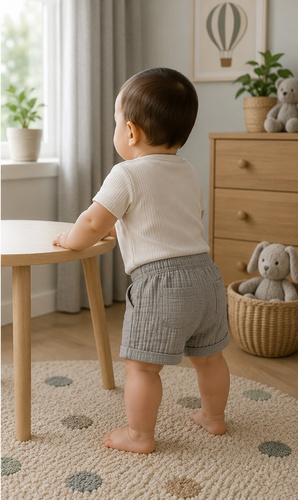 SZ55307 Mamatti pantaloni scurți mușlin gri cu buzunare și nasturi pentru vară