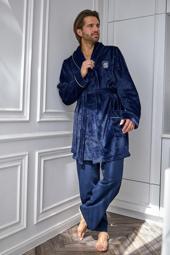 L&L Elegant 2664 Halat de baie bărbați scurt, moale, cu model wafel și guler, bleumarin