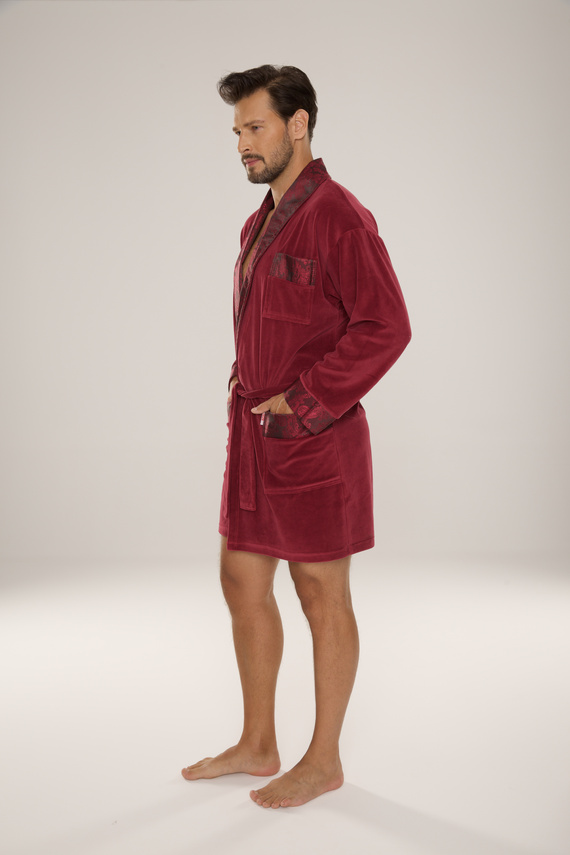 866 Noble Halat de baie de catifea De Lafense pentru bărbați - scurt, elegant, bumbac - burgundy