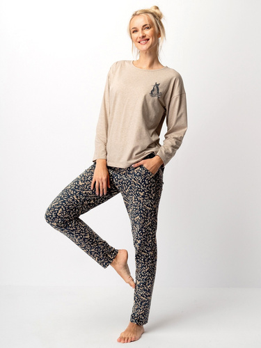 Pijama dama Key LNS 707, bej - bumbac, maneca lunga, eleganta