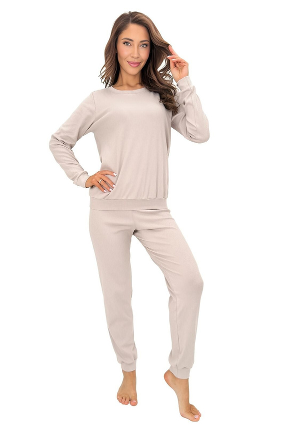 Pijamale damă Donna Home Long bumbac cu dungi mânecă lungă și pantaloni bej