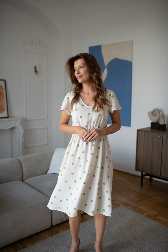 Lovely Dress Midi Milk&Love Rochie de sarcină și alăptare din in cu buline pistachio