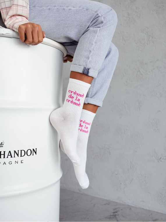 0200-164 Ciorapi dama Creme De La Creme Milena - albi cu 2 inscriptii roz